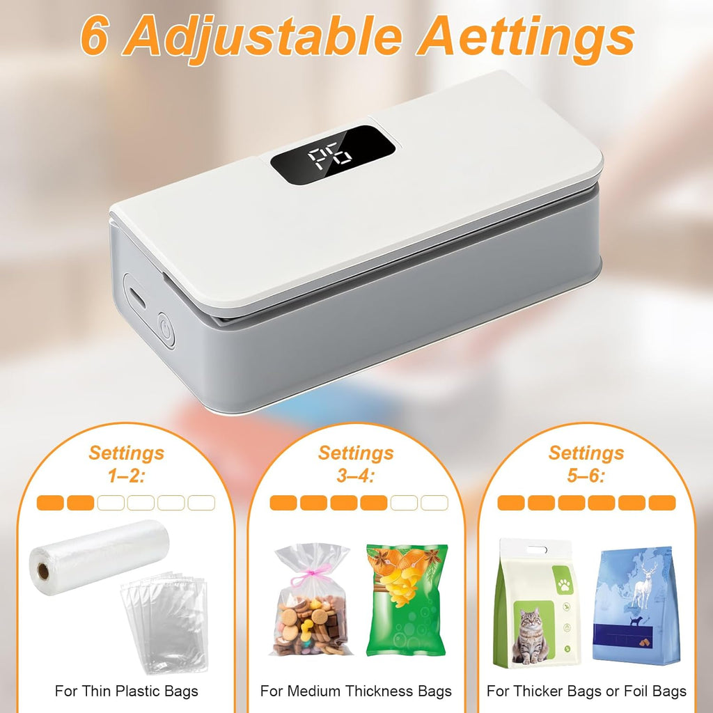2026 New Mini Bag Sealer, Chip Bag Sealer with Cutter and Magnet, Led Power Display, 6 Adjustable Levels Portable Plastic Bag Sealer for Chips Snacks Mylar Bags (White)