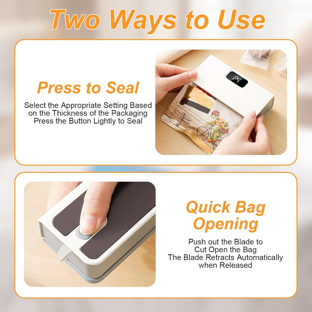 2026 New Mini Bag Sealer, Chip Bag Sealer with Cutter and Magnet, Led Power Display, 6 Adjustable Levels Portable Plastic Bag Sealer for Chips Snacks Mylar Bags (White)