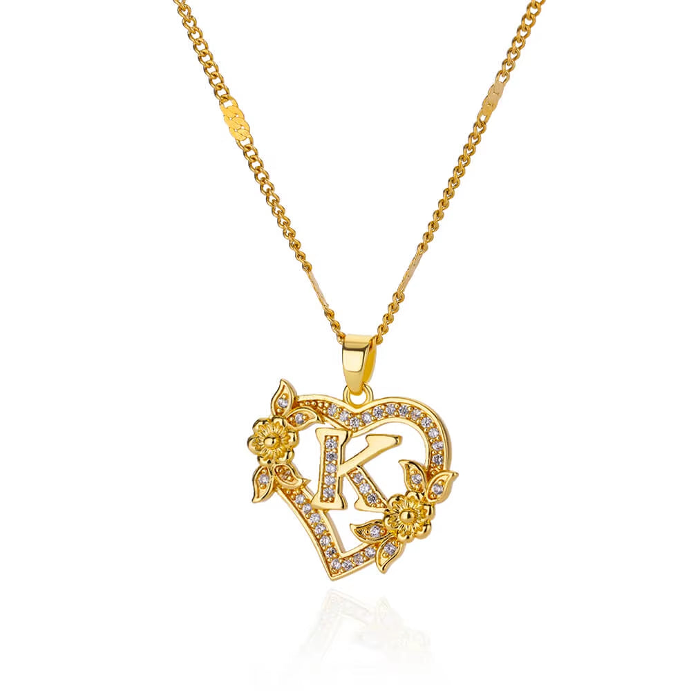 Zircon Flower Heart Initials Necklaces for Women Stainless Steel Heart Lover Gold Color Letter Chain Collar Necklace Jewelry