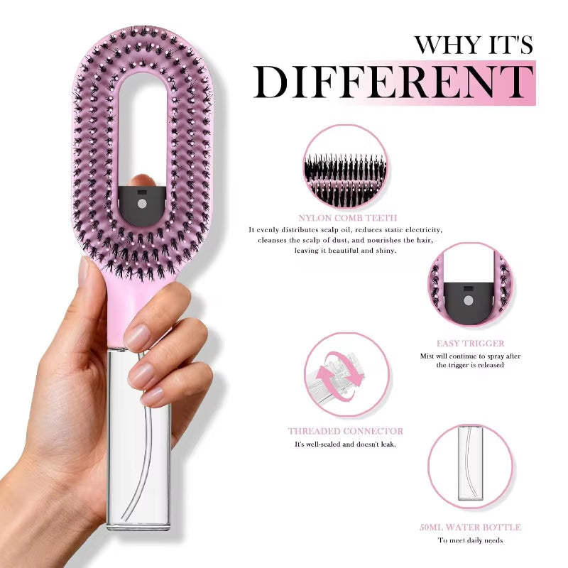 2In1 Spray Hair Brush Detangling Scalp Massage Comb with Water Mist Spray Anti-Static Smooth Hair Styling Tool for Home & Travel
